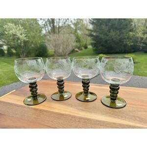 Vintage Roemer Austrian 4.5” Wine Glasses with Etched Grapes Set 4 Austria 1970s